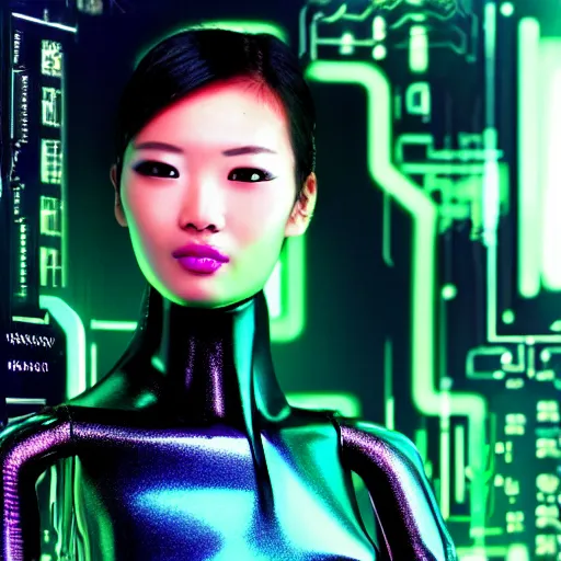 Image similar to 8 k award winner photo of a cyber android beauty from the future, asian background