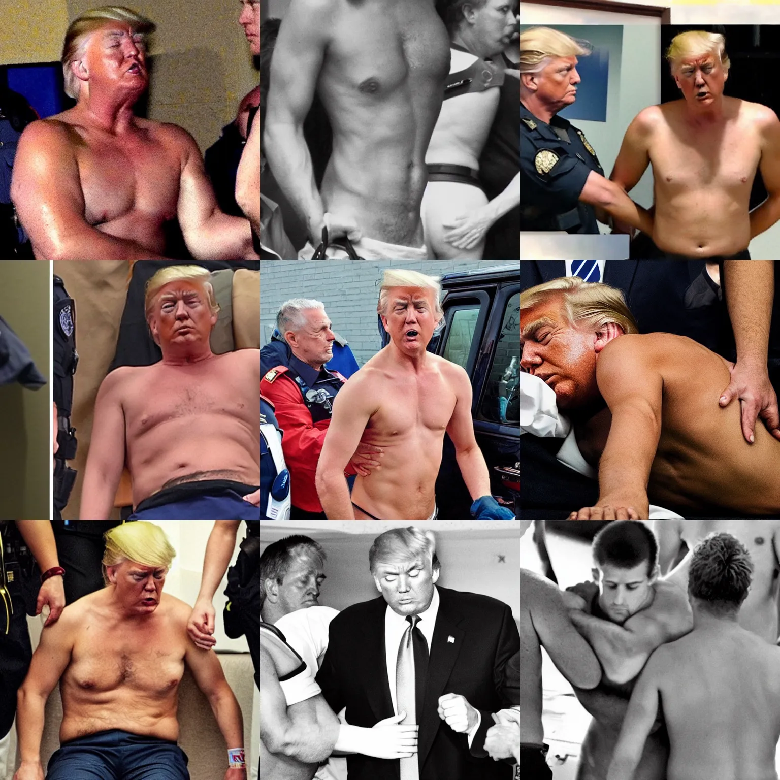 Prompt: sleept shirtless donald trump arrested in handcuffs