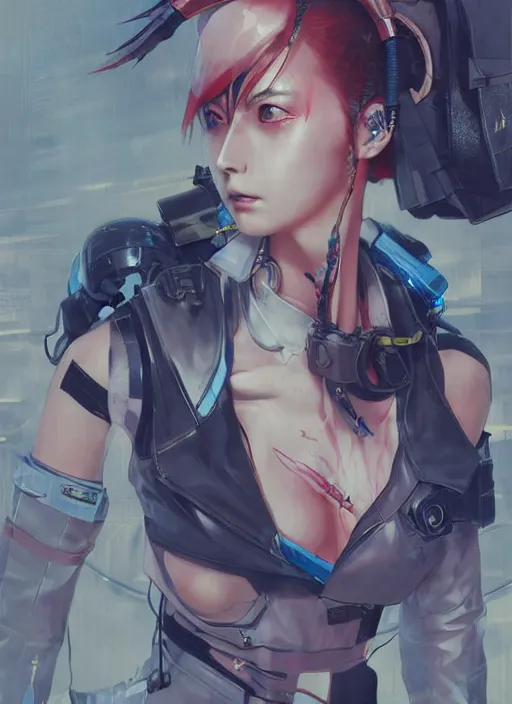 Image similar to hyper - realistic cyberpunk anime woman wearing inline skate, tokyo street, extreme detail, good face, model, concept art, in style of yoji shinkawa, pan ren wei, col price, atey ghailan, by greg rutkowski, aesthetic