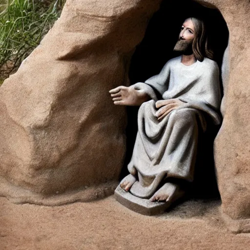 Prompt: sad jesus sits on a entrance from a cave