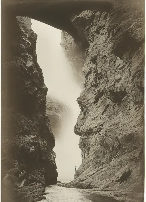 Image similar to Photograph of rushing water at the bottom of a Canyon, huge cliffs, sparse desert vegetation, albumen silver print, Smithsonian American Art Museum