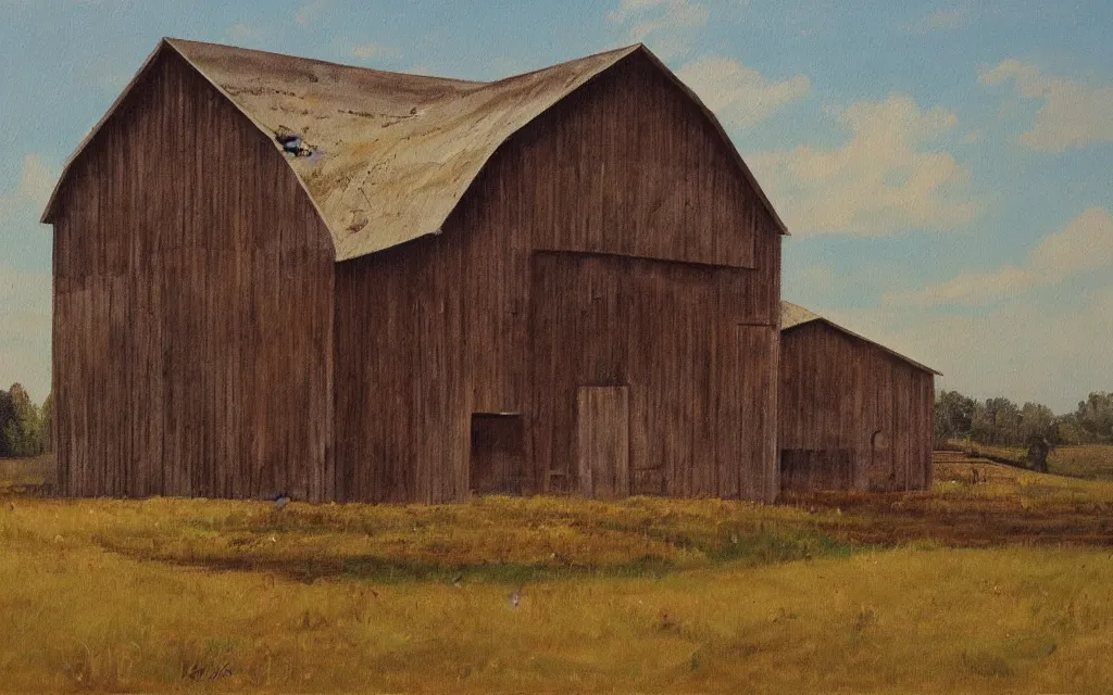 Prompt: a painting of an empty barn in summer, by peteris kalve, oil on canvas