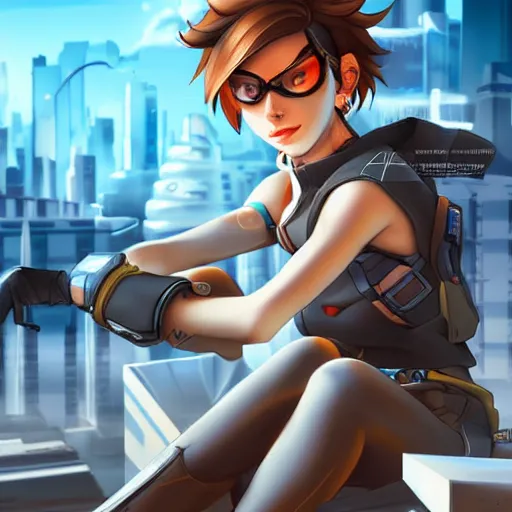 Image similar to digital artwork of tracer sitting on a rooftop, in the style of artgerm, detailed face, expressive face, feminine face, detailed eyes, arstation, 4 k,