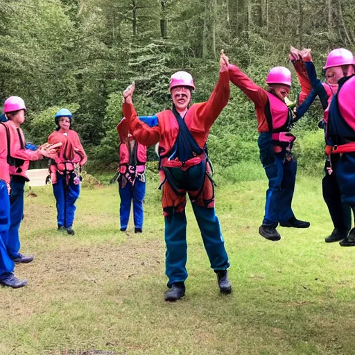 Image similar to a group of go ape instructors cheering with glee at a y - swapper being replaced