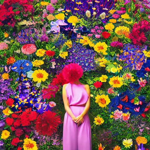 Prompt: a woman standing in a garden of flowers, a jigsaw puzzle, photograph by christen dalsgaard, featured on behance, maximalism, rich color palette, maximalist, vivid color