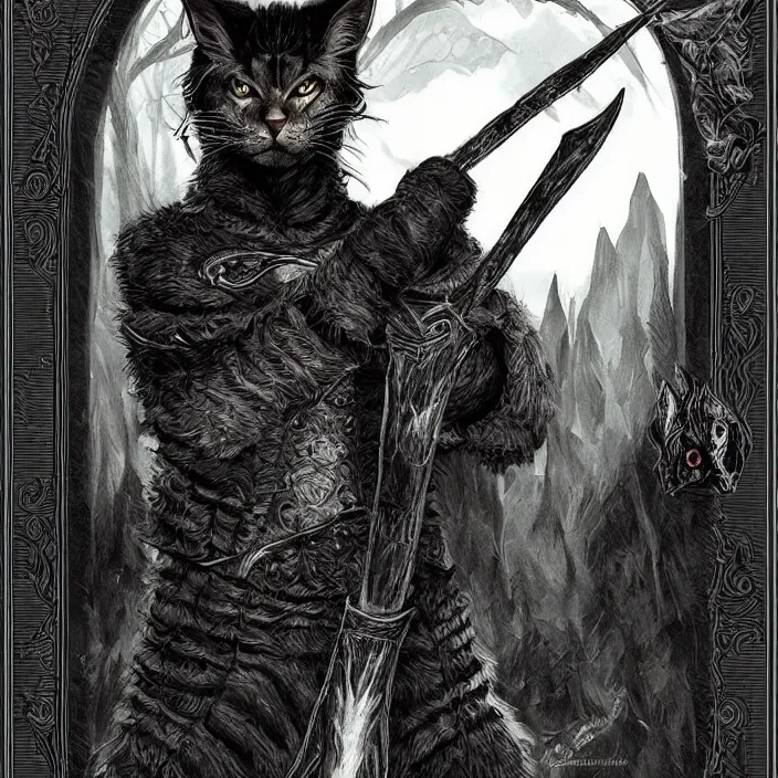 Image similar to khajit tabaxi catfolk humanoid cloaked in shadow and wearing leather armor with maine coon features black fur holding two shortswords, dungeons and dragons, pure white background, fantasy, tarot card style, half body portrait, high detail, hyper realistic