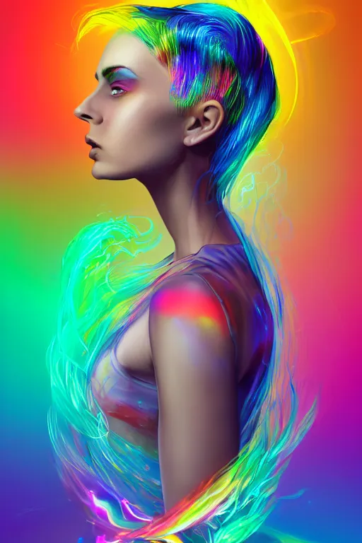 Image similar to a award winning half body portrait of a beautiful woman with stunning eyes in a croptop and cargo pants with rainbow colored ombre hairstyle head in motion and hair flying by thomas danthony, surrounded by whirling illuminated liquids and lines, outrun, vaporware, shaded flat illustration, digital art, trending on artstation, highly detailed, fine detail, intricate