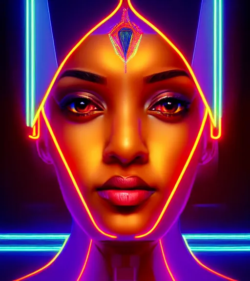 Image similar to symmetry!! egyptian queen of technology, solid cube of light, hard edges, product render retro - futuristic poster scifi, lasers and neon circuits, brown skin beautiful egyptian, queen, intricate, elegant, highly detailed, digital painting, artstation, concept art, smooth, sharp focus, illustration, dreamlike, art by artgerm