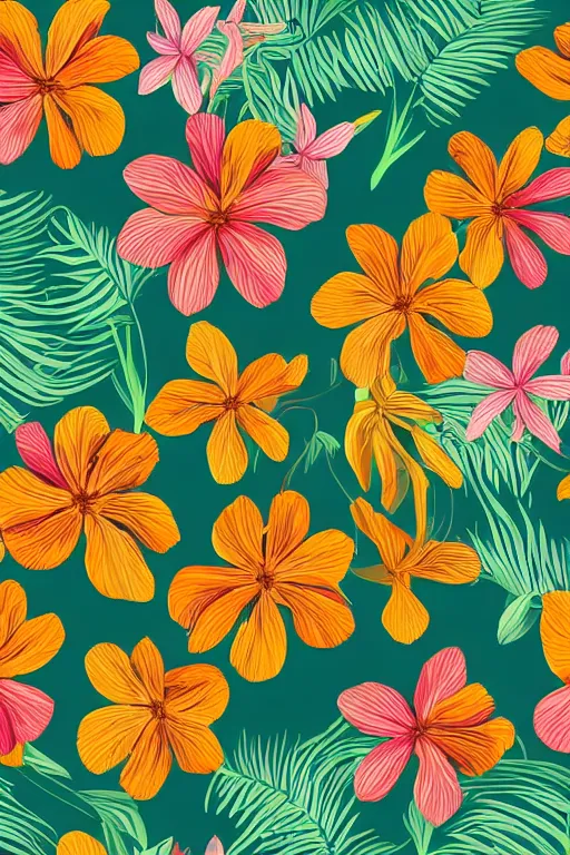 Image similar to Intricate detailed vector illustration of tropical flowers and green reeds, multiple cohesive colors ranging from warm blue to oranges on a ((very dark background)), 4K resolution