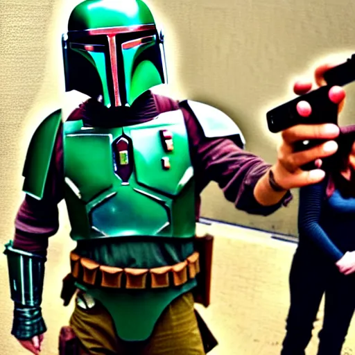 Image similar to boba fett poses as a selfi girl