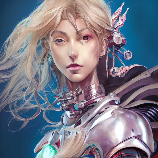 Image similar to studio portrait of lawful good colorful female holy mecha paladin absurdly beautiful, elegant, young sensual graceful woman, ultrafine hyperrealistic detailed face illustration by kim jung gi, irakli nadar, intricate linework, sharp focus, bright colors, matte, octopath traveler, final fantasy, unreal engine highly rendered, global illumination, radiant light, intricate environment