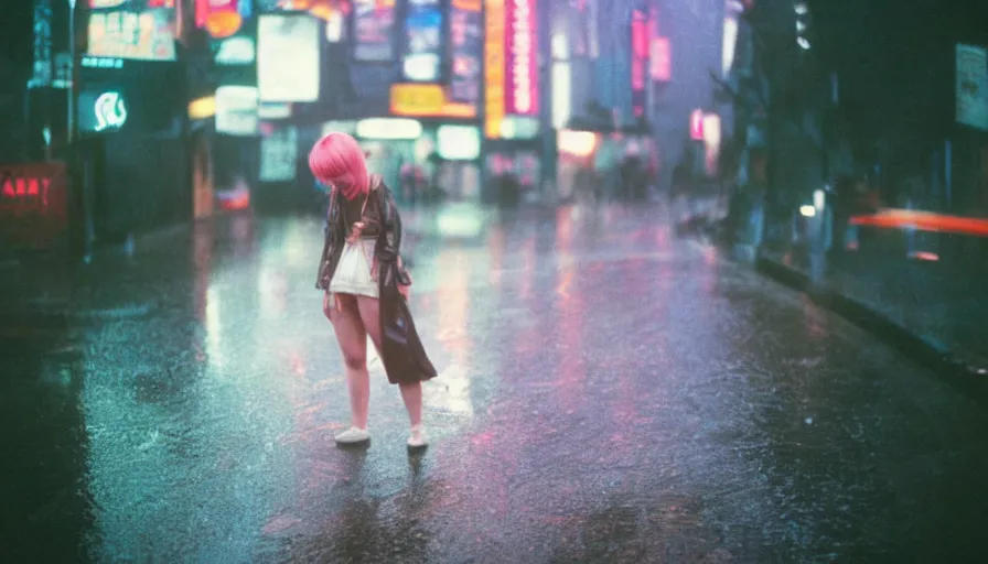 Prompt: street of shibuya photography, night, rain, mist, a girl with pink hair, cinestill 8 0 0 t, in the style of william eggleston