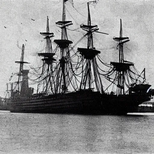 Image similar to an impossibly huge pirate ship. 1910s photograph