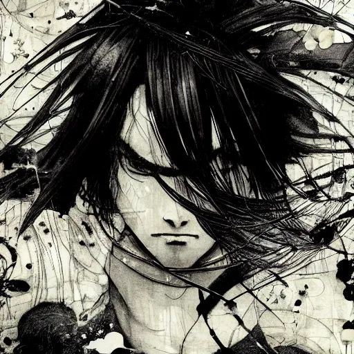 Prompt: Yoshitaka Amano blurred and dreamy illustration of an anime man with black short hair fluttering in the wind and cracks on his face, abstract black and white patterns on the background, noisy film grain effect, highly detailed, Renaissance oil painting, weird portrait angle