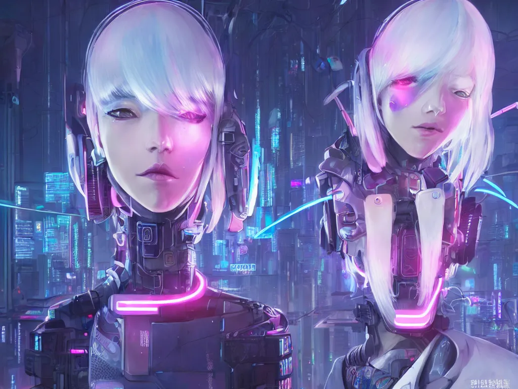 Prompt: portrait grey hair anime visual futuristic female cyber police, on cyberpunk neon light tokyo rooftop, ssci - fi and fantasy, intricate and very beautiful, human structure, concept art, sharp focus, anime by simon stalenhag, rossdraws and magali villeneuve and liya nikorov and luxearte, frostine engine