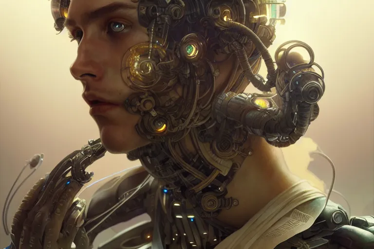Image similar to ultra realistic, beautiful male cyborgs plugged into the internet, sci - fi, intricate details, eerie, highly detailed, octane render, 8 k, art by artgerm and alphonse mucha and greg rutkowski
