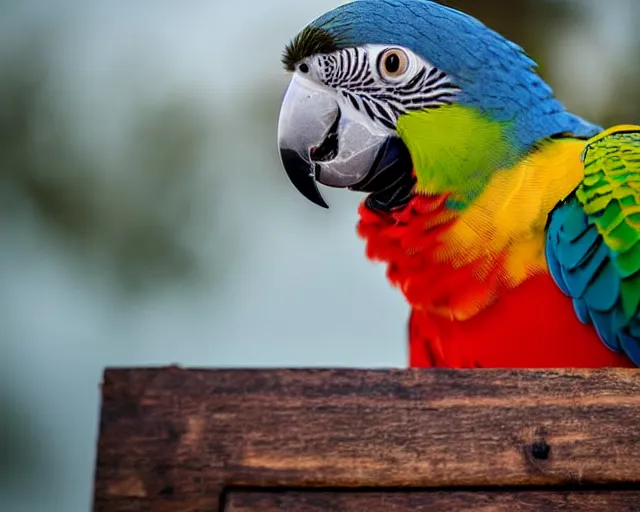 Prompt: low angle photo of a parrot on a pirate ship, rule of thirds, depth of field