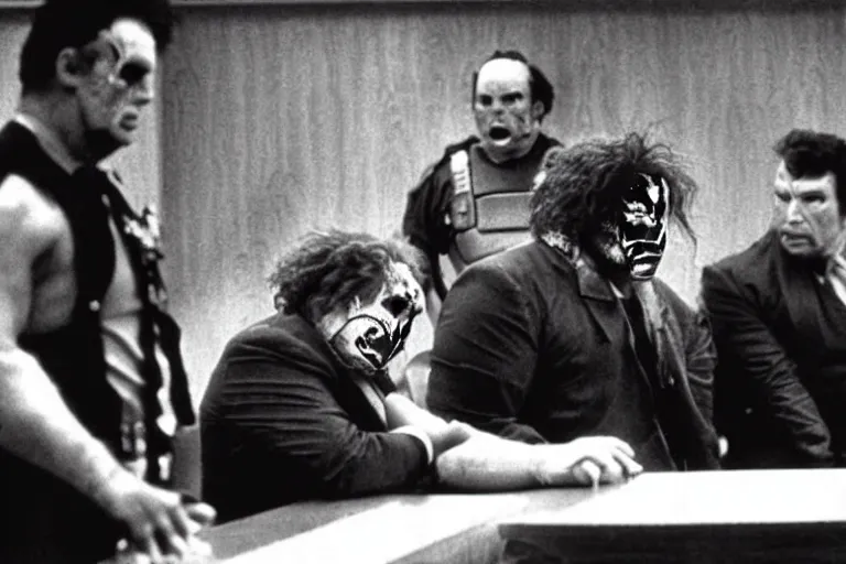 Prompt: leatherface in court testifying against robocop, detailed facial expressions