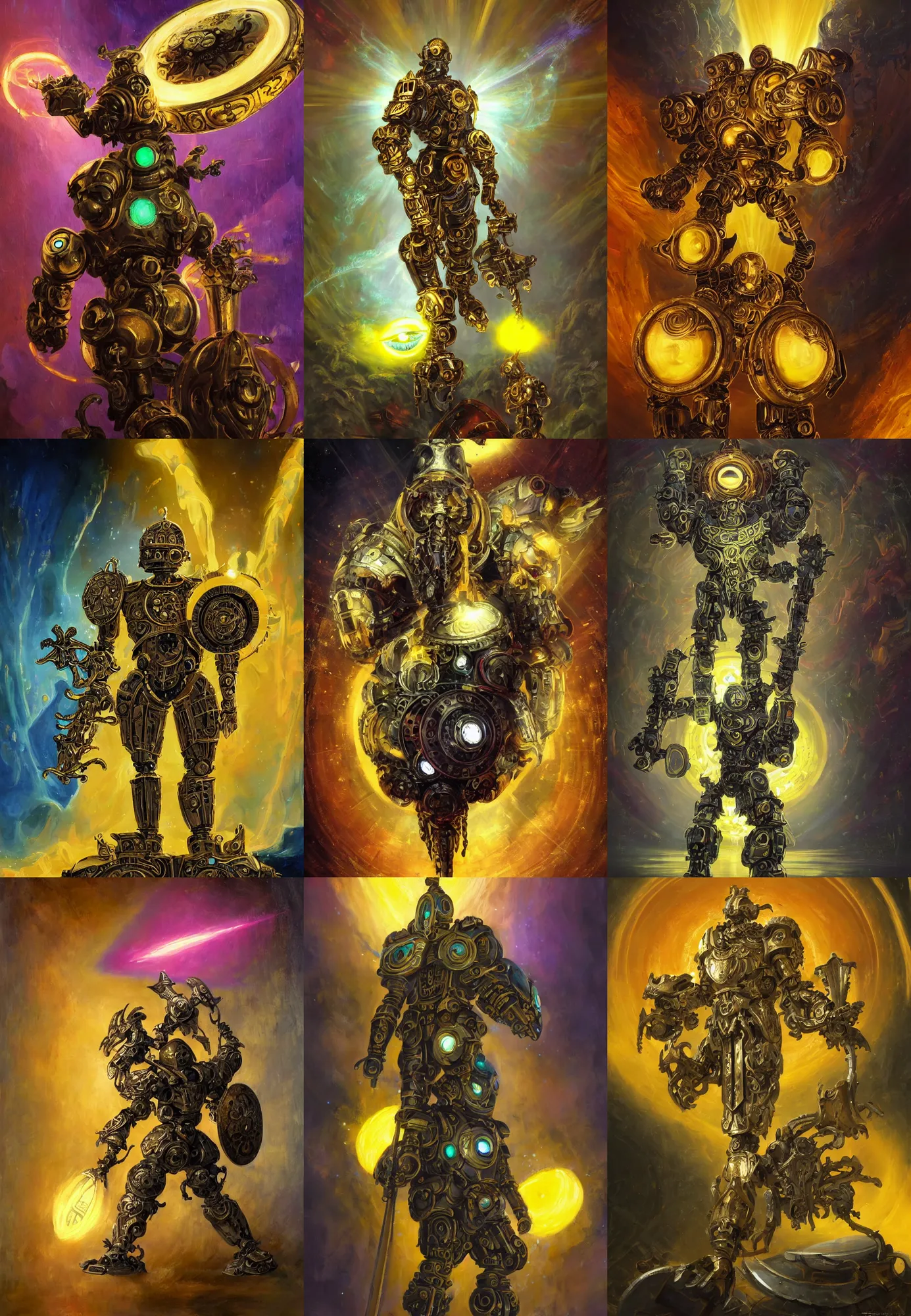 Prompt: full body, attack position abstract painting in lush fantasy environment of a ornate holy mechanical humanoid warforged with circular glowing eye, character in yellow armor holding a legendary paladin engraved holy great longsword and carrying a huge heavy paladin shield, vertically flat head, face in focus, epic , trending on ArtStation, masterpiece, cinematic lighting, by Delphin Enjolras and by Ruan Jia