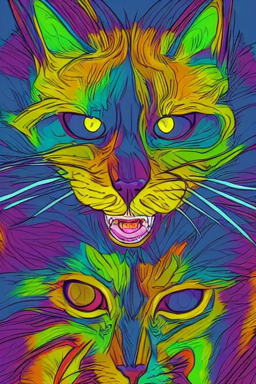 Image similar to demon cat, art by brian miller, colorful, illustration, highly detailed, simple, no jagged lines, smooth