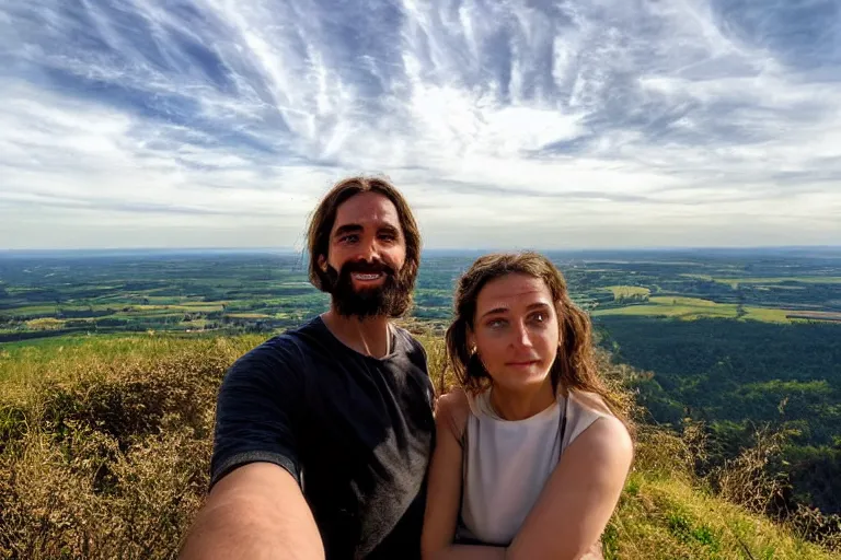 Image similar to selfie from a mobile phone of jesus and mary magdalene standing on a cliff looking over a beautiful landscape in france, rennes - le - chateau, award winning photo, very detailed, very realistic cinematic