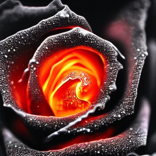 Image similar to award - winning macro of a beautiful black rose made of glowing molten magma