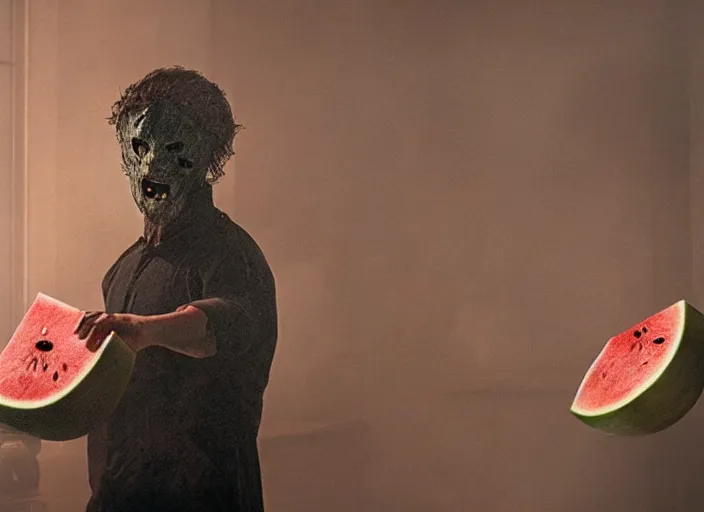 Image similar to film still of a man with a watermelon on his a head in the new horror movie, 4 k