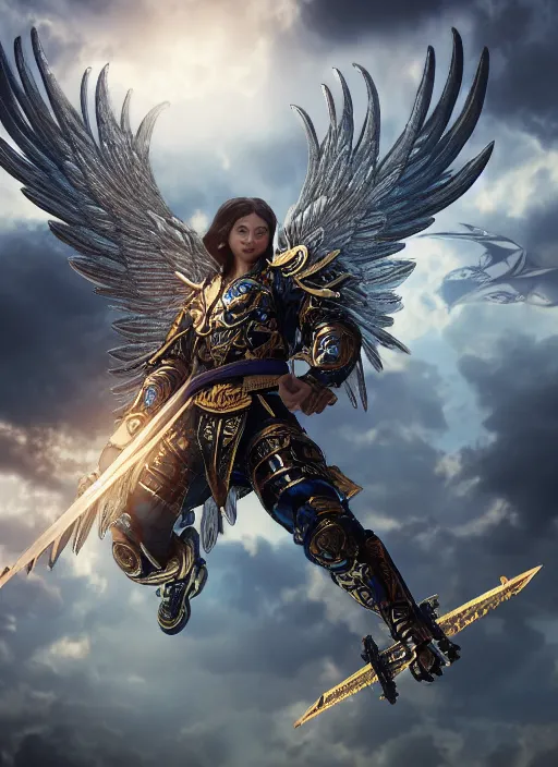 Image similar to archangel micheal flying in sky by huang guangjian, taekwon kim rostbite 3 engine, cryengine, dof, trending on artstation, digital art, chanel, dior, fantasy and detailed and intricate background