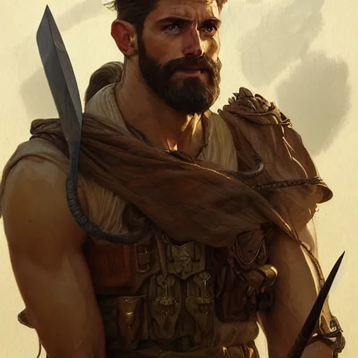 Image similar to Portrait of rugged male ranger, D&D, amber eyes, face muscular, fantasy, intricate, elegant, highly detailed, digital painting, artstation, concept art, smooth, sharp focus, illustration, art by artgerm and greg rutkowski and alphonse mucha