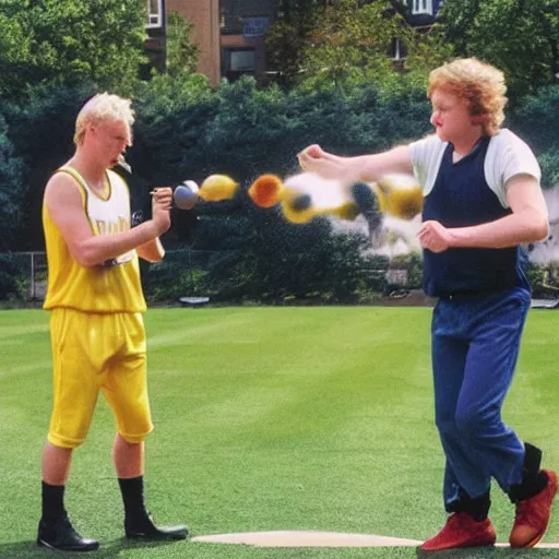 Prompt: rowan aktinson and larry bird battling it out with pokemon