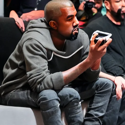 Prompt: kanye west playing the nintendo switch, worried look on face, shot on iphone