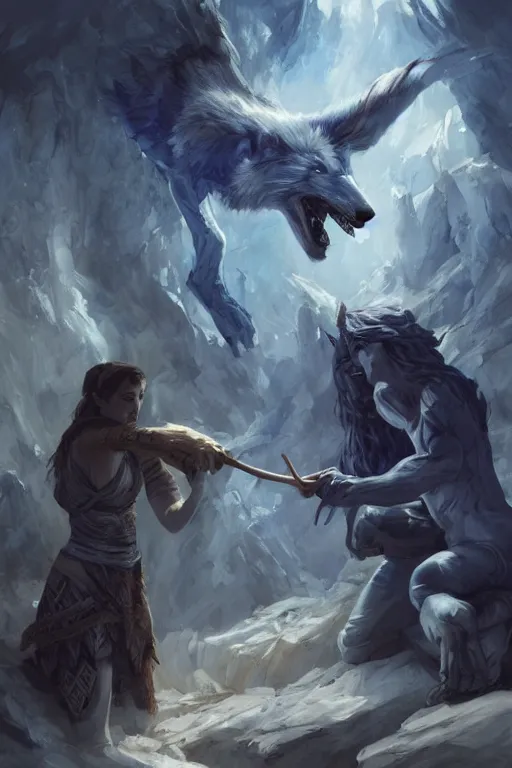 Prompt: concept art of fitzchivalry and nighteyes wolf taking ayahuasca with jonathan lehmann, by aenaluck, artgerm and roberto ferri and greg rutkowski, blue and white tones, digital painting, artstation, concept art, smooth, sharp foccus ilustration hq