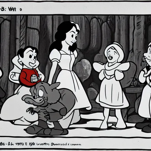 Image similar to close up of snow white and the 7 dwarfs, cinematographic shot, by walt disney cartoon