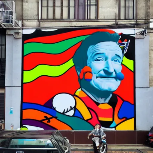 Image similar to robin williams street art mural by supreme x kaws x haruki murakami : 1 high contrast, hard edges, matte painting, geometric shapes, masterpiece : 1