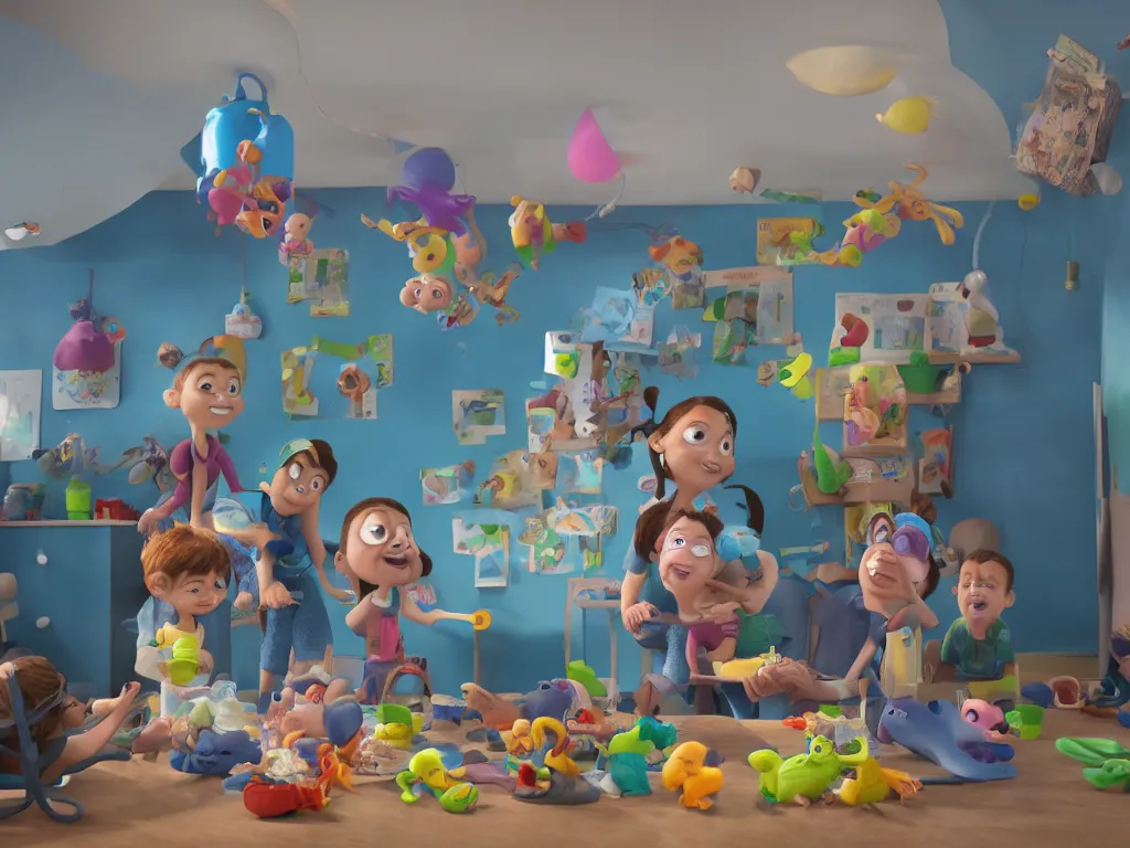 Image similar to a candid photo of an octopus day care provider taking care of multiple children all doing different things. Pixar, 3d, render, octane render, animation