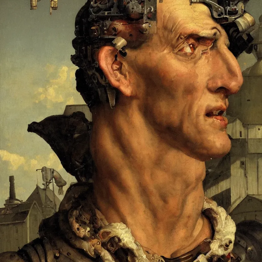 Prompt: a baroque neoclassicist close - up portrait of a cyborg farmer head and shoulders, large barn and silo architecture in background. renaissance portrait painting. highly detailed science fiction painting by norman rockwell and frank frazetta.. rich colors, high contrast, gloomy atmosphere, dark background. trending on artstation