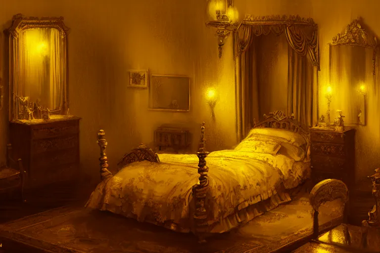 Prompt: an ornate yellow victorian bedroom at night, 1 8 9 0, key visual, conceptart, ambient lighting, highly detailed, digital painting, artstation, concept art, sharp focus, by makoto shinkai and akihiko yoshida and greg manchess