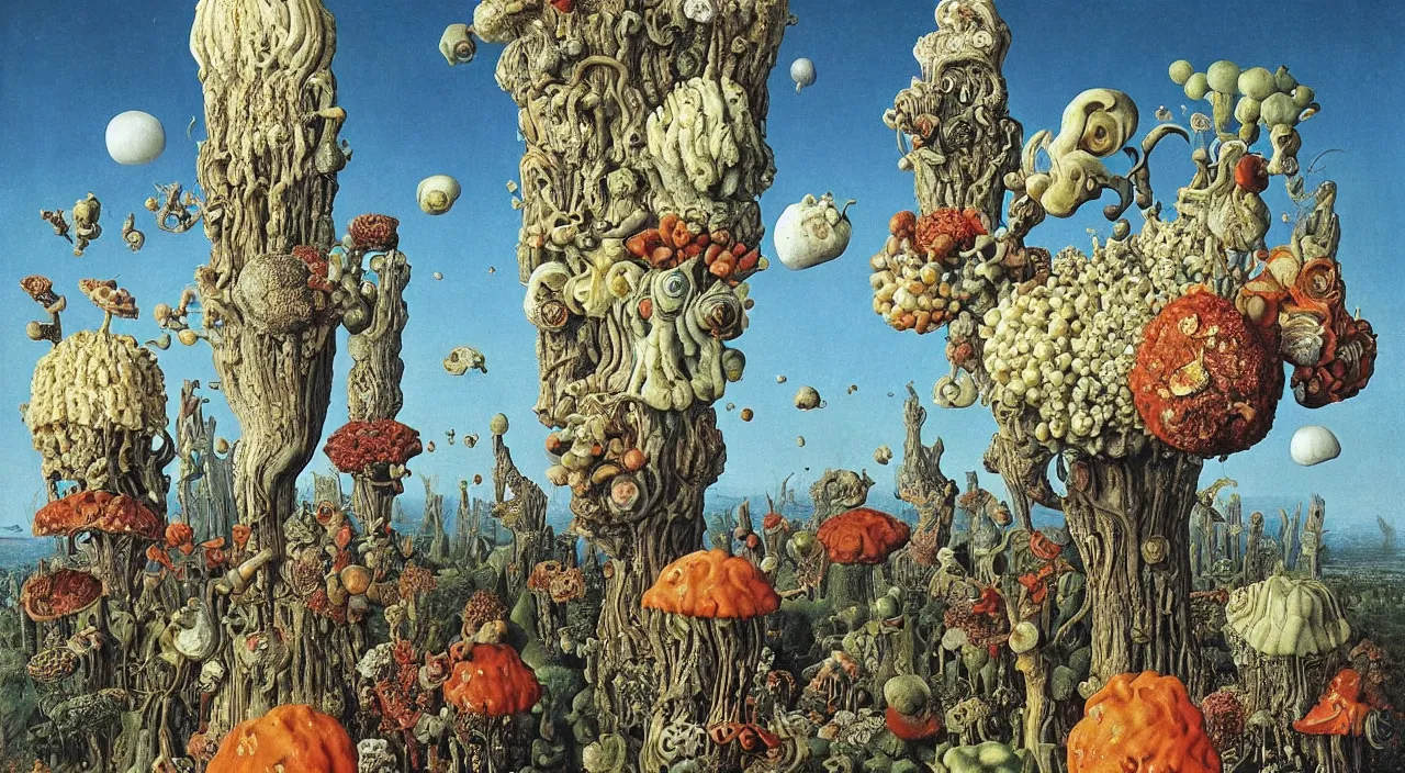 Image similar to a single colorful! ( lovecraftian ) fungus tower white! clear empty sky, a high contrast!! ultradetailed photorealistic painting by jan van eyck, audubon, rene magritte, agnes pelton, max ernst, walton ford, andreas achenbach, ernst haeckel, hard lighting, masterpiece