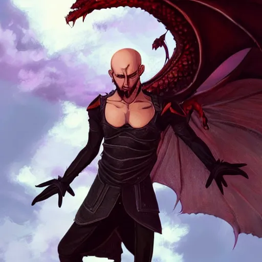 Image similar to full body anime style human in dragon form, bald, fire beard. fantasy style. very punk / alt aesthetic. wings and tail, a highly detailed, digital painting, artstation, concept art, matte, sharp focus, illustration, art by artgerm and greg rutkowski