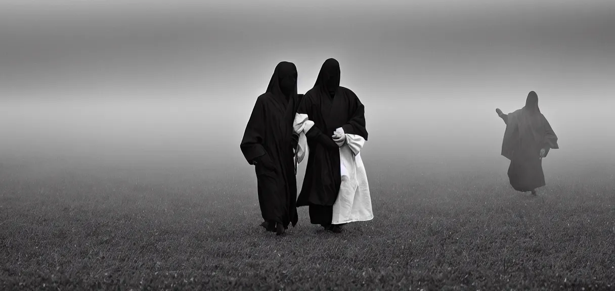 Prompt: Long Shot (LS) vintage black and white photo group of people dressing in white robes wearing white masks standing in the field, cinematic lighting, cinematic composition, cinematic atmosphere, misty foggy. Vogue photography Sigma 150-600mm f/5-6.3 lens, still winning photograph from a thriller movie.