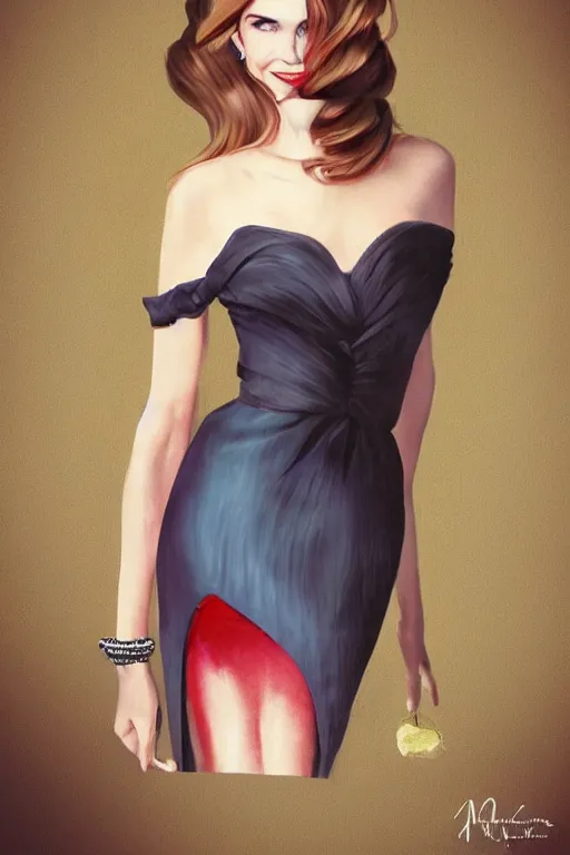 Prompt: mix of beautiful young maria shriver, mariel hemmingway, brooke shields, nicole kidman and elle macpherson in an elegant cocktail dress, thin lips, hair tied up in a pony tail, dark blonde hair, colorful, artstation, cgsociety