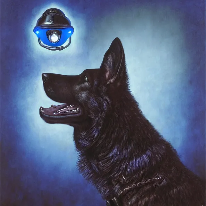 Prompt: cinematic bust portrait of psychedelic police dog with police blue light on head, blue light and siren, police dog, head and chest only, desaturated, tim hildebrandt, wayne barlowe, bruce pennington, donato giancola, larry elmore, oil on canvas, masterpiece, featured on pixiv, cinematic composition, dramatic pose