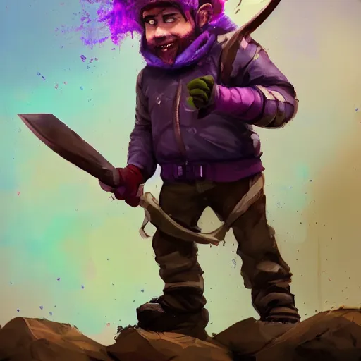 Prompt: male gnome youth adventurer with purple skin, by Ismail Inceoglu, wearing leather adventuring clothes, shabby, short, kid, bald, wielding knife, happy grin, character portrait closeup, digital art, dungeons and dragon, character