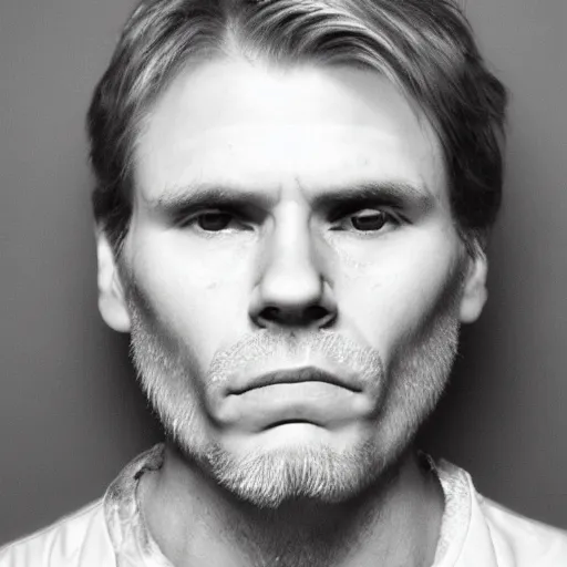 Prompt: A mugshot portrait of a middle aged man who looks like Jerma985 with very short wavy hair, and wearing late 1990s menswear in the late 2000s, taken in the late 2000s, grainy, realistic, hyperrealistic, very realistic, highly detailed, very detailed, extremely detailed, detailed, trending on artstation, front facing, front view, headshot and bodyshot, detailed face, very detailed face
