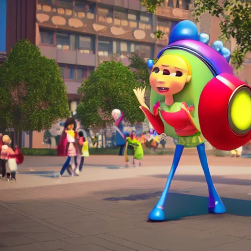 Prompt: beautiful katamari game, disney movie encanto, walking through the city, very busy city, cartoon pixar style, anime volumetric lighting, 3d model pixar render