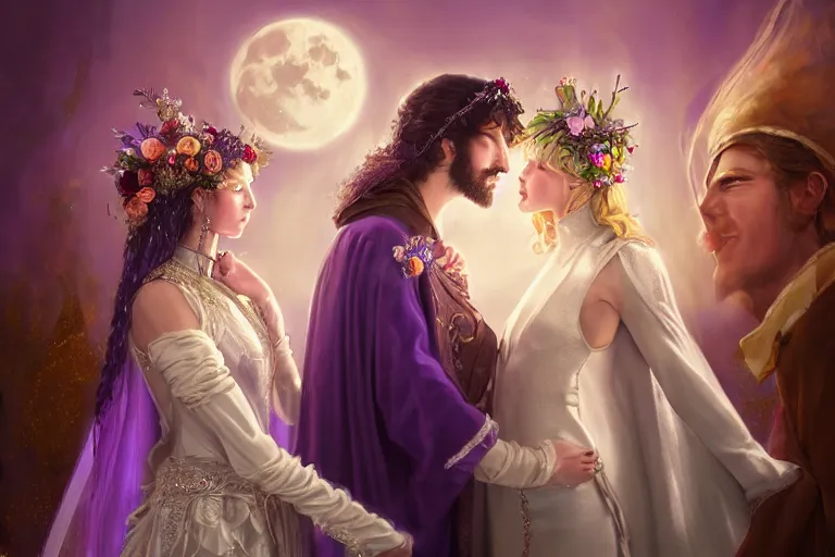 Image similar to a dreamlike cinematic portrait of wedding photograph close up moment of a divine a russia sun god and moon goddess lovers magician at a wedding banquet. portraiture. digital painting. artstation. concept art. fantasy wedding photo. digital painting, 8 k realistic, hyper detailed, violet evergarden art masterpiece by art by krenz cushart