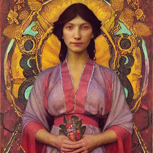 Image similar to queen of the dawn with her lantern and regalia, by Annie Swynnerton!! and Nicholas Roerich! and ((((((Diego Rivera)))))), embroidered robes, floral tattoos, bioluminescent skin!, elaborate costume, geometric ornament, symbolist, soft colors, dramatic lighting, smooth, sharp focus, extremely detailed