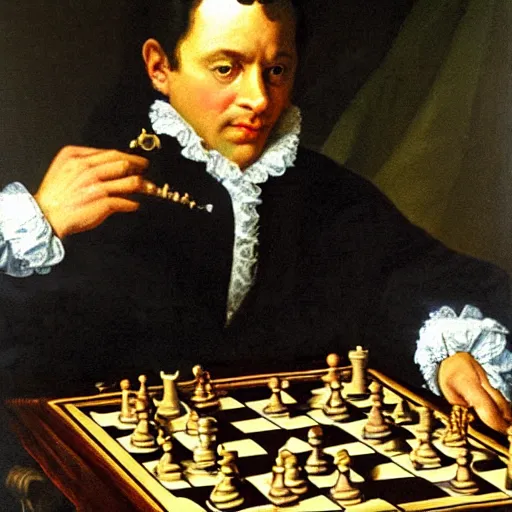 Image similar to robin wiiliams playing chess looking wise, rococo oil painting, highly detailed