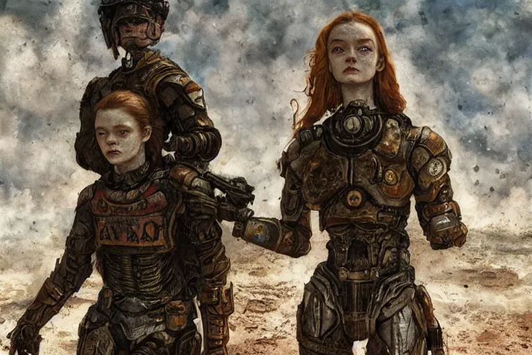 Image similar to sadie sink runs fast. cyborg behind. dirt, fantasy, soviet dystopian art by ayami kojima, vasnetsov, cedric peyravernay