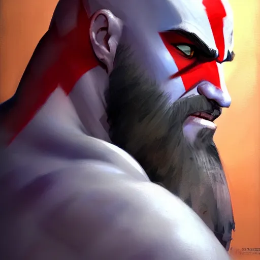 Image similar to Greg Manchess portrait painting of Kratos as Overwatch character, medium shot, asymmetrical, profile picture, Organic Painting, sunny day, Matte Painting, bold shapes, hard edges, street art, trending on artstation, by Huang Guangjian and Gil Elvgren and Sachin Teng